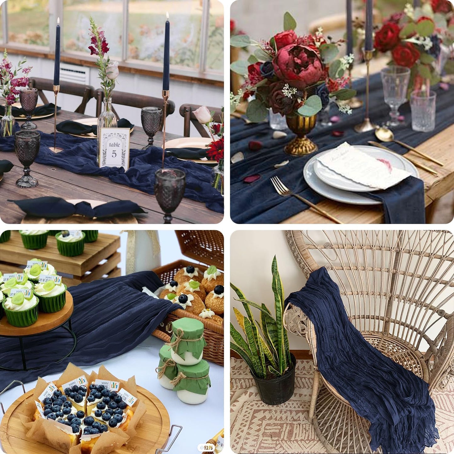6 Pack Navy Blue Cheesecloth Table Runner Summer 10FT Sheer Navy Cheese Cloth Table Runners Boho Gauze 120 Inches Summer Table Decorations for Wedding Bridal Baby Shower Tea Party Decor