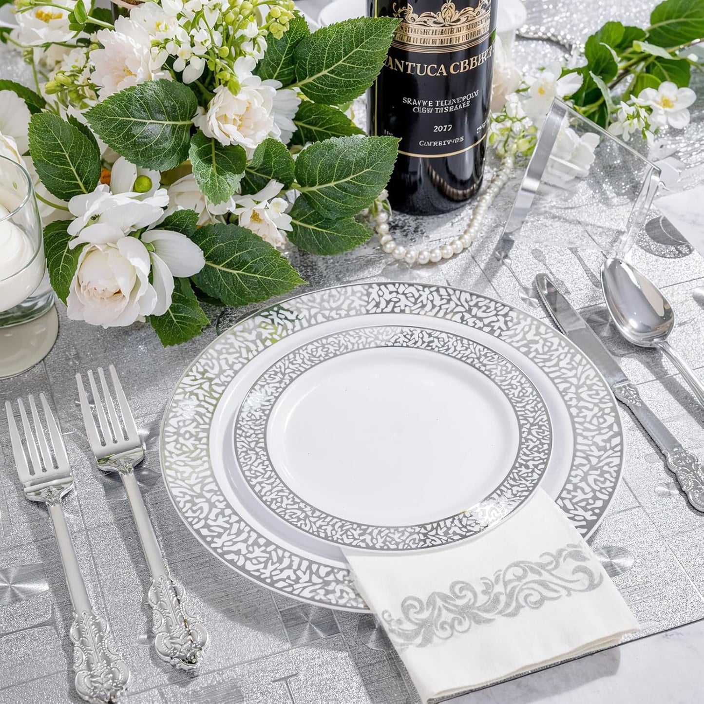 Festiva 350PCS Silver Plastic Dinnerware Set - Disposable Lace Silver Plates and Napkins Party Supplies - include plates,napkins,cups,silverware - Serve for 50 Guests Party&Wedding