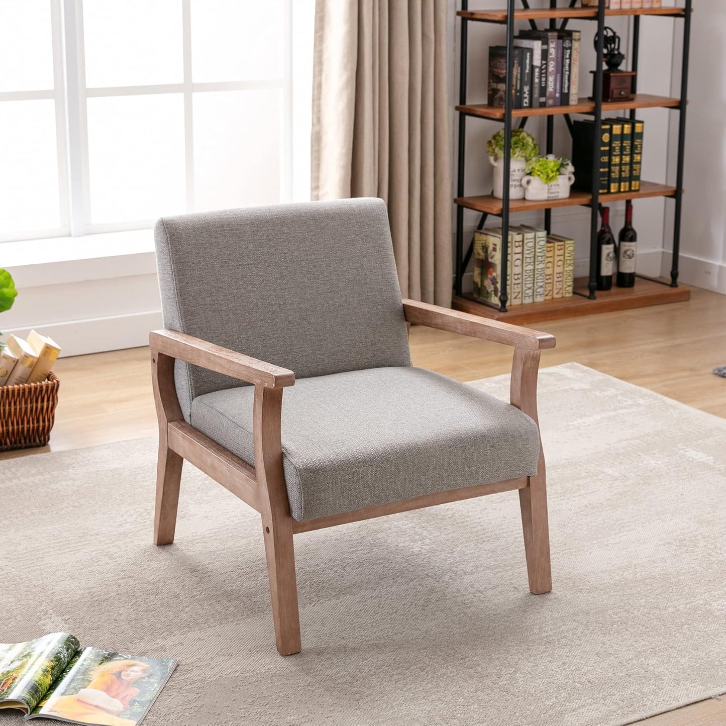 Mid Century Modern Accent Chair Set of 2, Linen Upholstered Living Room Accent Armchair with Wood Frame, Farmhouse Chair for Living Room Bedroom, Gray