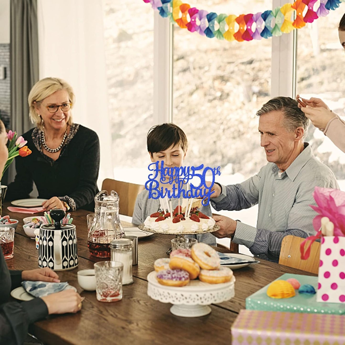 1 PCS Happy 50th Birthday Cake Topper Glitter Cheers to 50 Years Birthday Cake Pick 50 Fabulous Cake Decoration for Happy 50th Birthday Anniversary Party Decorations Supplies Blue