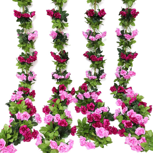 Floweroyal 4 Pack Artificial Flower Garlands 15.8FT Fake Rose Vines Silk Flowers Hanging Rose Ivy for Wedding Arch Party Home Garden Wall Decor (Fuchsia)