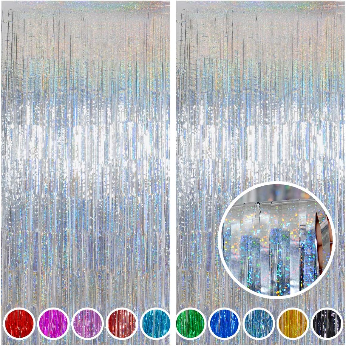Melsan Foil Curtain, 2 Pack 3.2 ft x 8.2 ft Silver Tinsel Foil Fringe Curtains Backdrop, Sparkle Metallic Foil Curtains for Independence Disco Bachelorette Party Decorations, Silver Tinsel Backdrop
