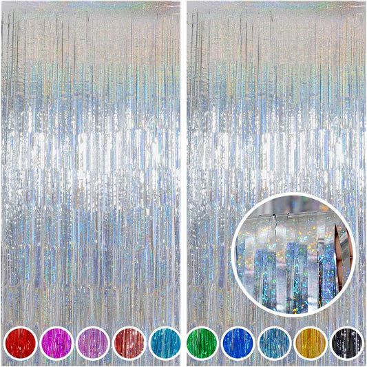Melsan Foil Curtain, 2 Pack 3.2 ft x 8.2 ft Silver Tinsel Foil Fringe Curtains Backdrop, Sparkle Metallic Foil Curtains for Independence Disco Bachelorette Party Decorations, Silver Tinsel Backdrop