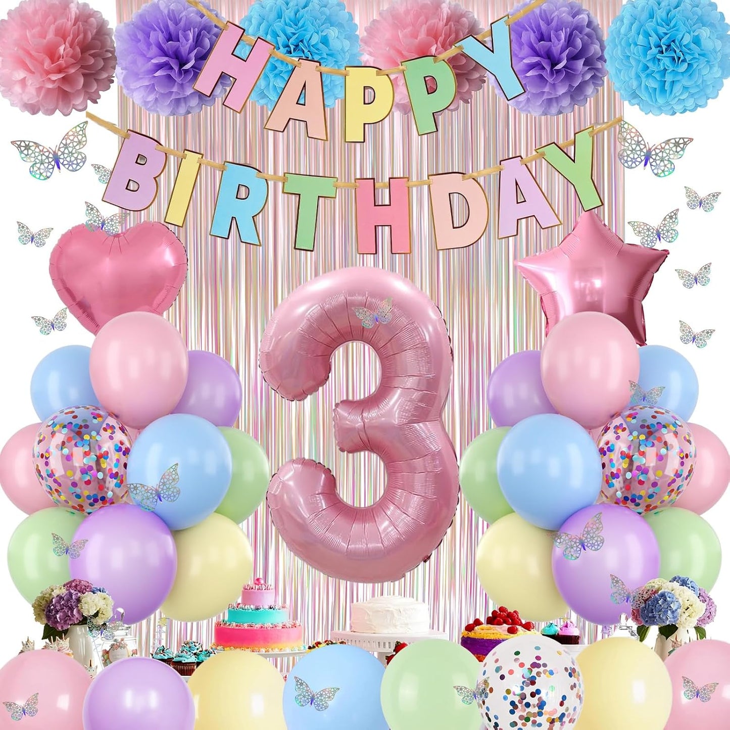Pastel 3rd Birthday Party Decorations for Girls Number 3 Balloon Happy Birthday Banner Butterfly Stickers Fringe Curtain Paper Pom Poms Macaron Pink Star Heart Foil Colorful Balloons 3 Year Old Decor