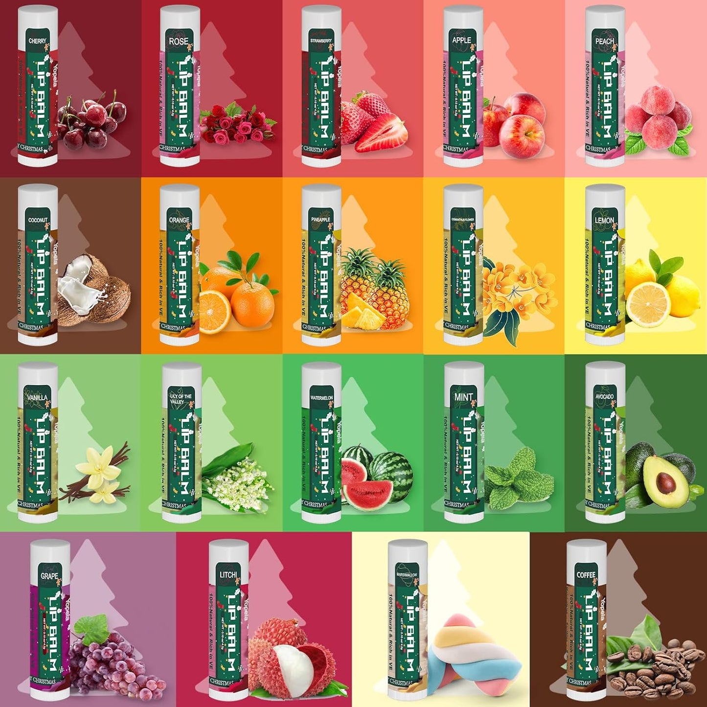 Yopela 76 Pack Christmas Natural Lip Balm Bulk with Vitamin E and Coconut Oil Lip Care Set - Moisturizing, Soothing, and Repairing Dry and Chapped Lips - 19 Flavors - Non-GMO