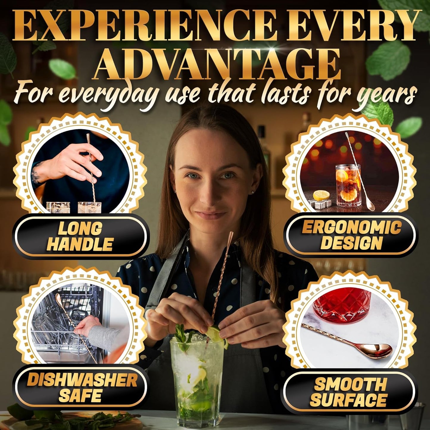 4 Pcs Bar Spoon Cocktail Mixing Spoon Set – Rose Gold Spoons with Elegant Twisted Spiral Handle, Good for Cocktails, Iced Tea, and Coffee Drinks – Durable Stylish Stainless Steel Stirring Spoons