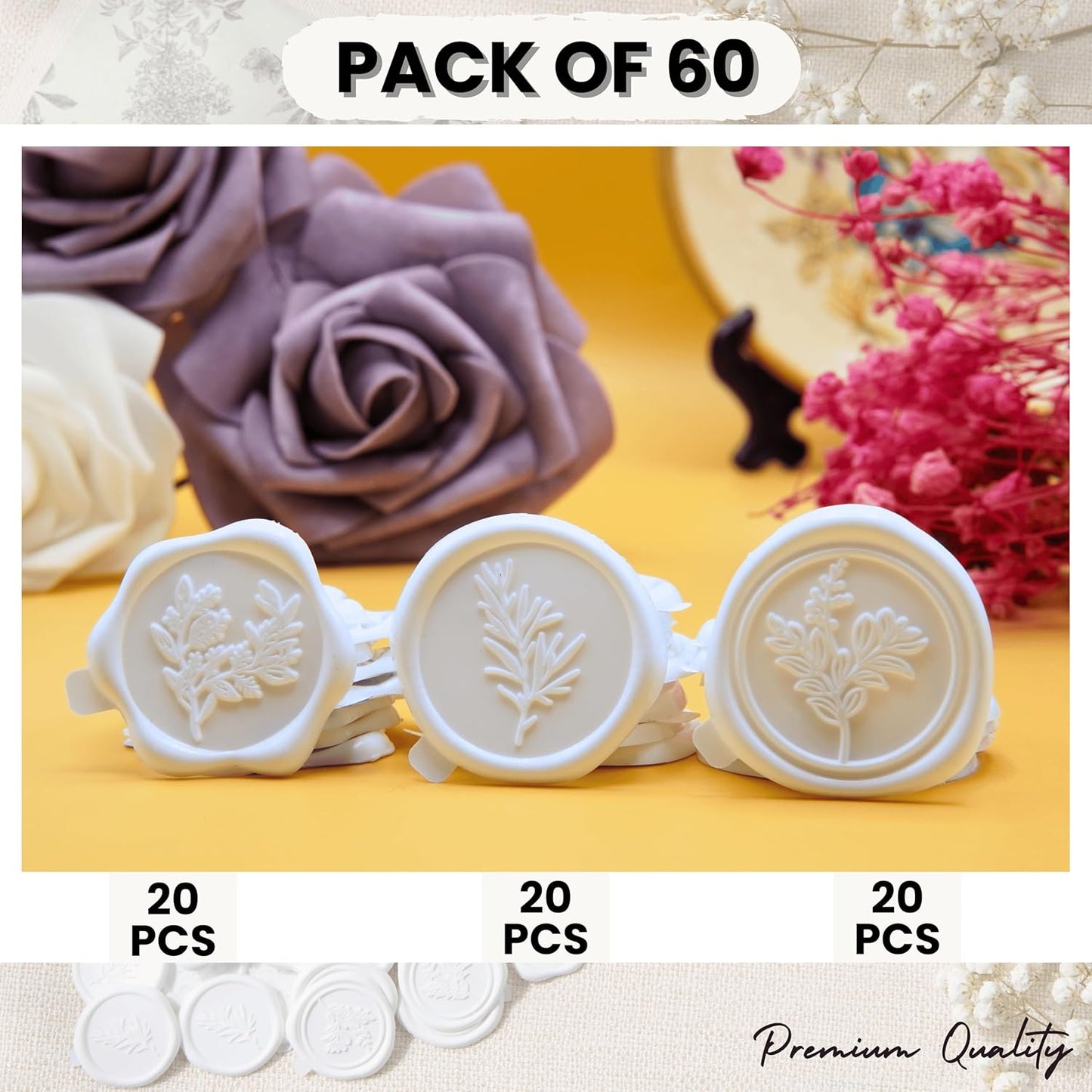 Wax Seal Stickers (60 Pcs, 3 Designs in 1 Pack) Premium Envelope Seal Stickers for Wedding Invitation Envelopes, Adhesive Wax Seals, Perfect for Seating Chart, Gift Wrapping