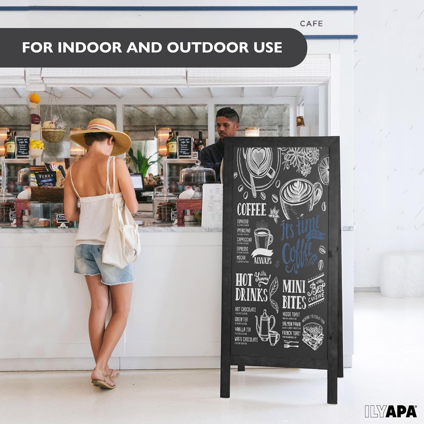 Ilyapa A-Frame Chalkboard Sidewalk Sign - 58 x 27 inches, Folding Standing Sandwich Sign – Sturdy Freestanding Black Magnetic Sandwich Menu Display
