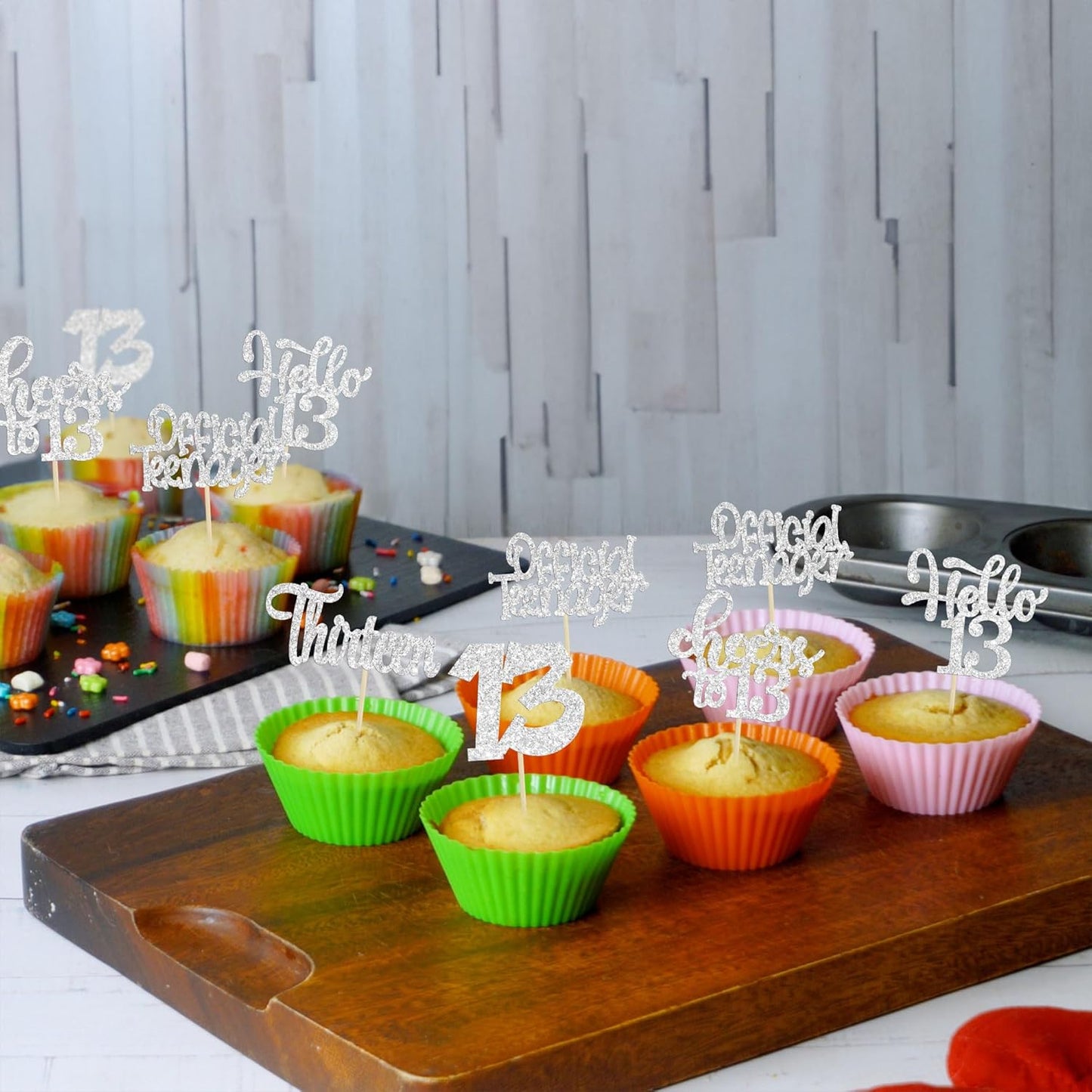 30Pcs 13th Birthday Cupcake Toppers Hello 13 Cupcake Picks Official Teenager Cheers to 13 Years Old Cake Decorations for 13th Birthday Anniversary Party Supplies Silver Glitter