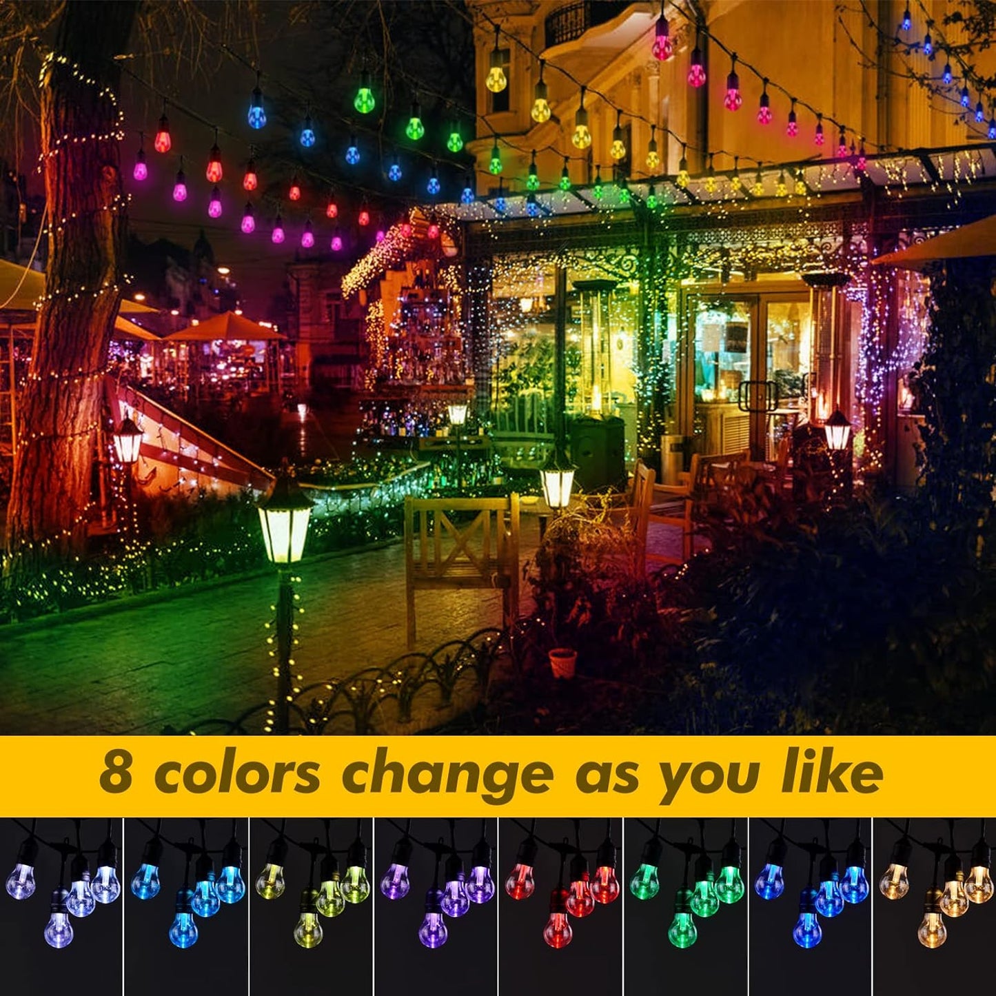 35FT Solar String Lights Outdoor, 11 Shatterproof LED Edison Bulbs, Dimmable RGB Color Changing Patio Lights with Remote. Waterproof for Garden Commercial Solar-Powered Decorative Lighting