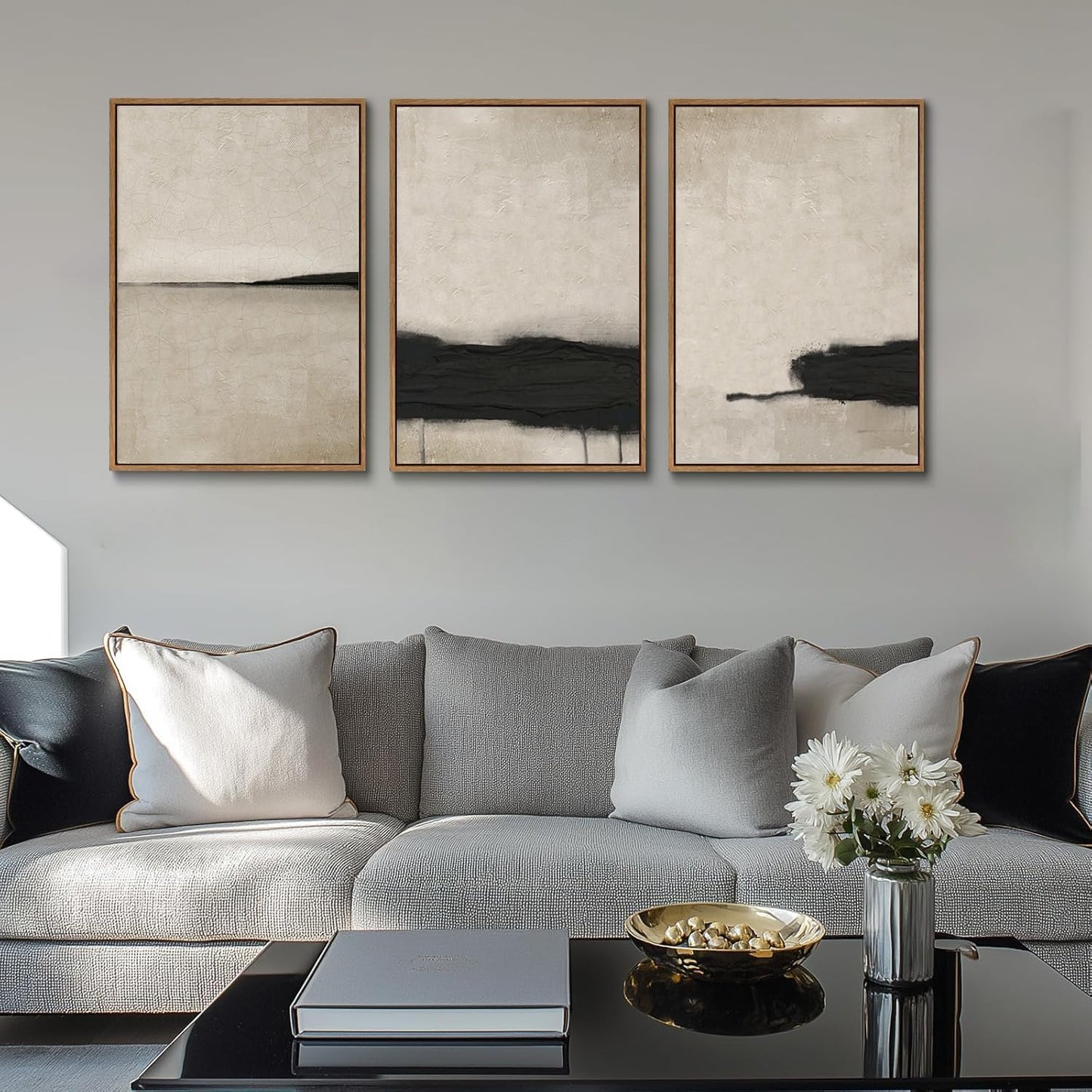 myusuar 3 Piece Large Modern Abstract Canvas Framed Wall Art For Living Room, Black And Beige Vintage Minimalist Wall Art Decor Posters Prints For Bedroom Office 12x16in