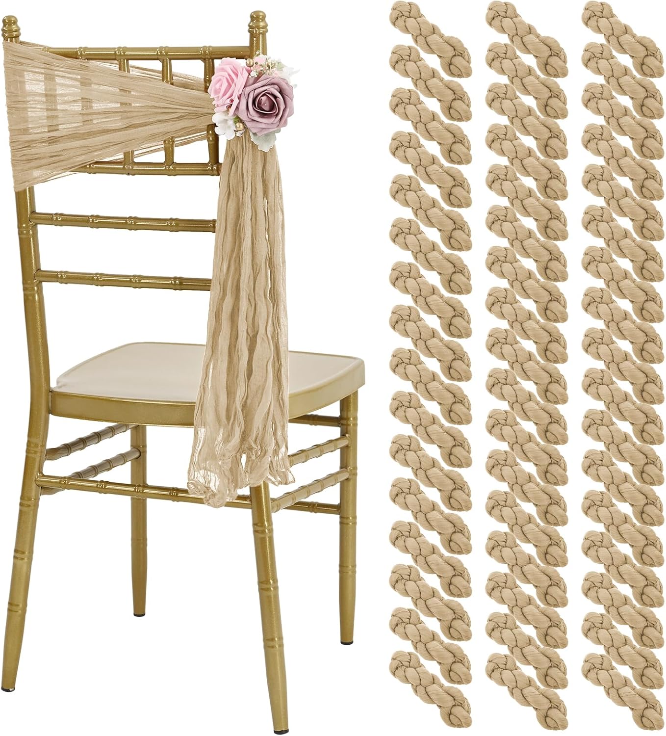 50 PCS Cheesecloth Chair Sashes, Bows Designed ChairSashes, 15.7x70 inch Chair Sashes for Aisle Decorations Universal Chairs Cover Decoration for Wedding Reception Party Banquet (Beige)
