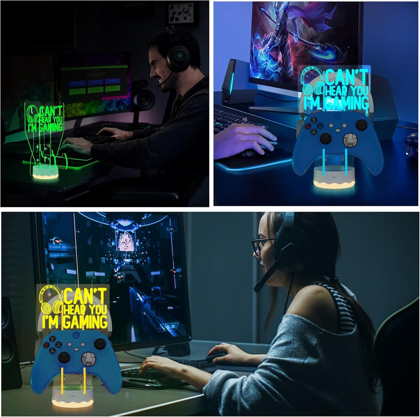 Light Up Headset and Controller Stand, 16 Colors 3D LED Lights Gamepad Headphone Holder with Remote Control, Game Controller Hanger for All Universal Gaming PC Accessories