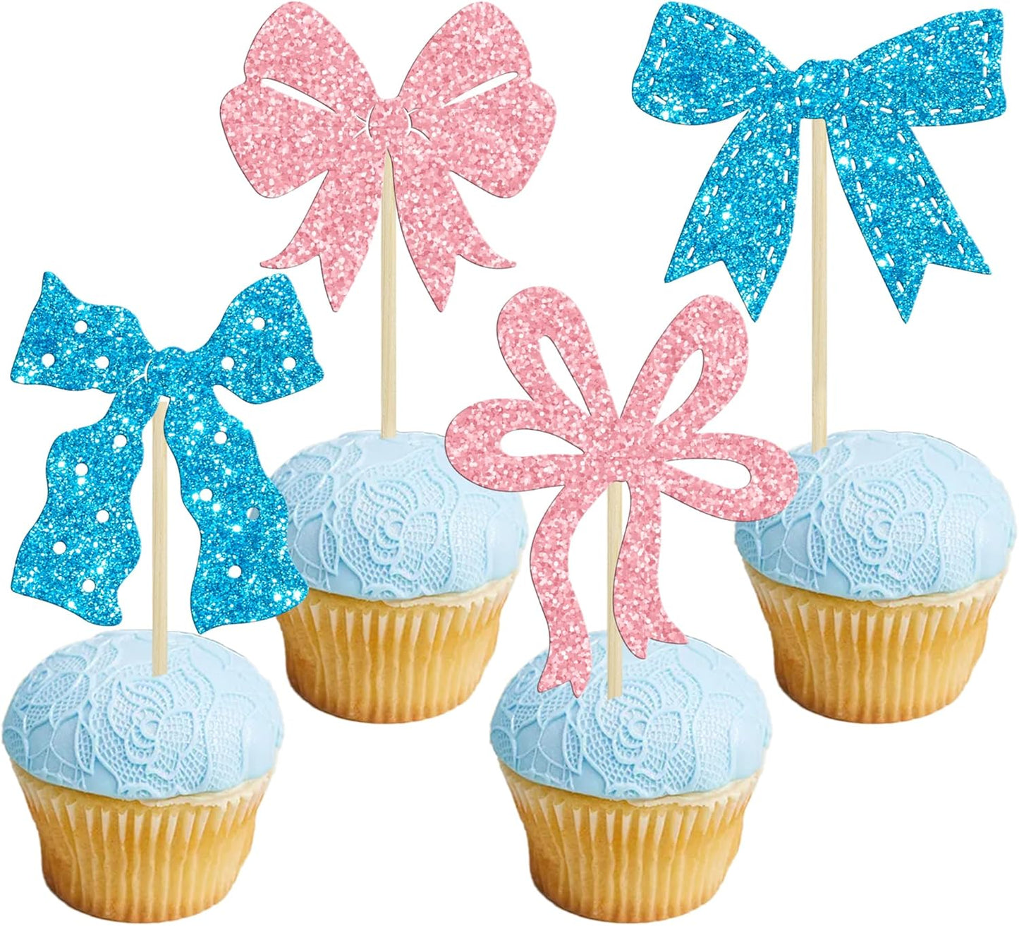 Ephlyn 24Pcs Pink Bow Cupcake Toppers Bow Birthday Cake Topper Girls Birthday Party Decorations Bowknot Cupcake Decorations for Bridal Baby Shower Birthday Wedding Themed Party Pink Blue