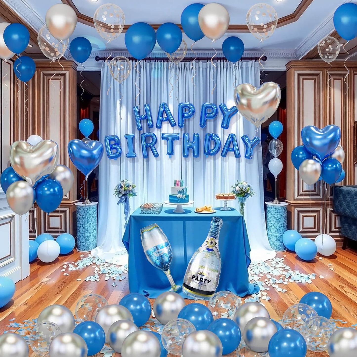 Blue Happy Birthday Decorations for Men Blue and Silver Biirthday Balloon Letters Banner with Heart-Shaped Champagne Bottle Wine Glass Balloons Rose Petals for Room Birthday Party Decor