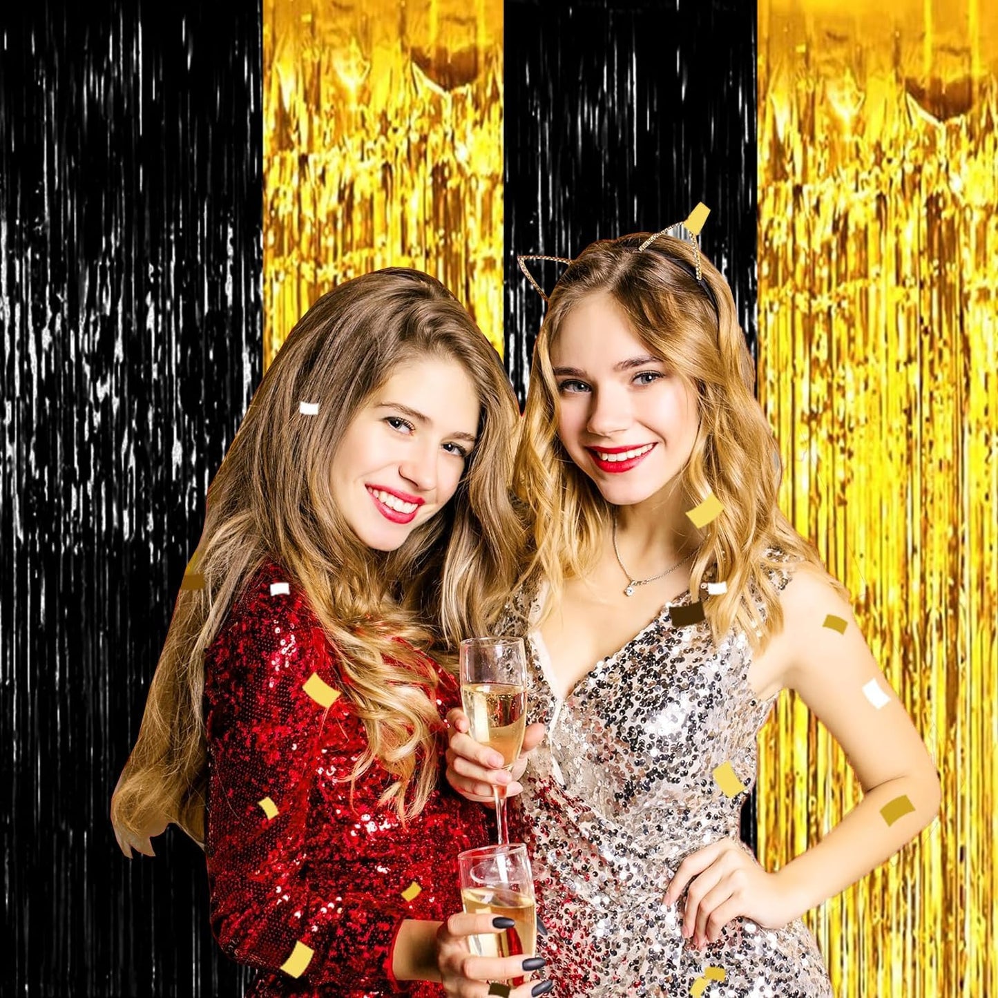 4P Metallic Foil Fringe Tinsel Table Skirts for Rectangle Tables Backdrop Banner Streamer Garland Curtains for Parade Floats Wedding Graduation Anniversary Birthday Parties Decoration (Black Gold)