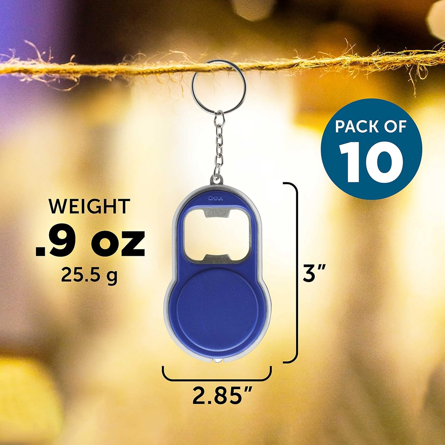 Bottle Opener & LED Keychains Set of 10, Bulk Pack - Perfect for Tradeshows, Party Favors, Other Events - Blue