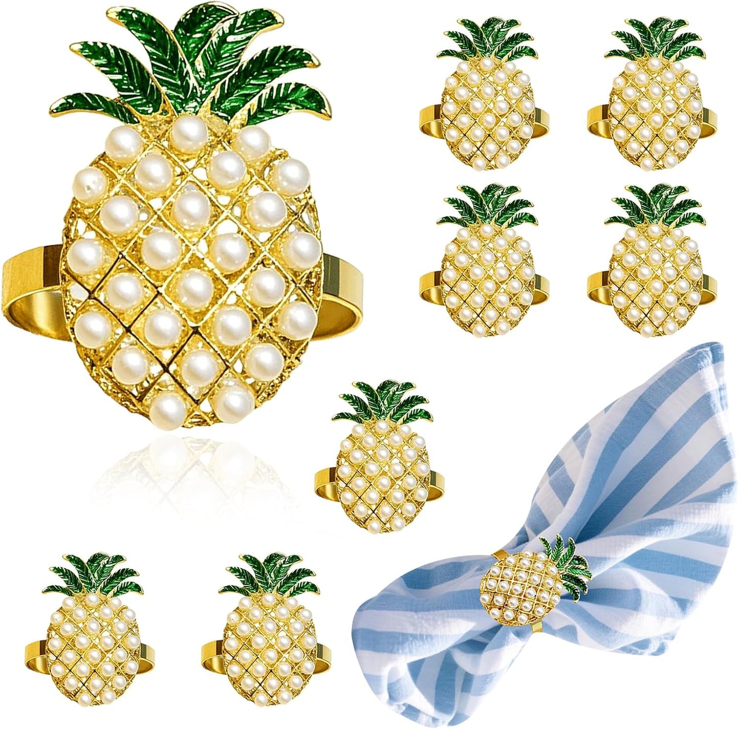 Napkin Rings Set of 8 Pearl Pineapple Napkin Rings for Napkins,Gold Napkin Holders for Cloth Napkins,Summer Napkin Ring for Farmhouse Dining Table Decor,Rustic Fruit Napkin Ring Holders