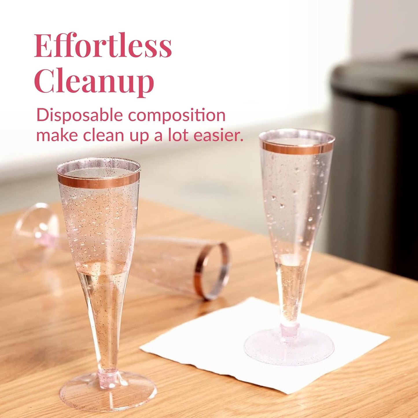 Prestee Set of 24 Plastic Champagne Flutes Disposable - Silver Glitter Pink Champagne Glasses with Rose Gold Rim, Elegant Toasting Cups for Weddings, Cocktail Parties, New Year's Celebrations