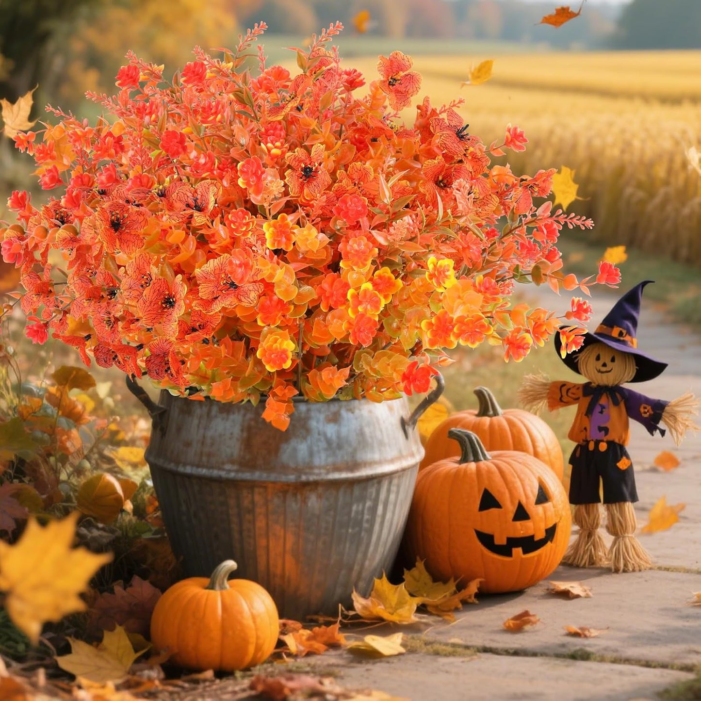 AmyHomie 16 Bundles Mix Orange Artificial Fall Flowers for Outdoor Fall Decor UV Resistant Fake Mums No Fade Fake Plastic Plants Garden Porch Window Box Decorating