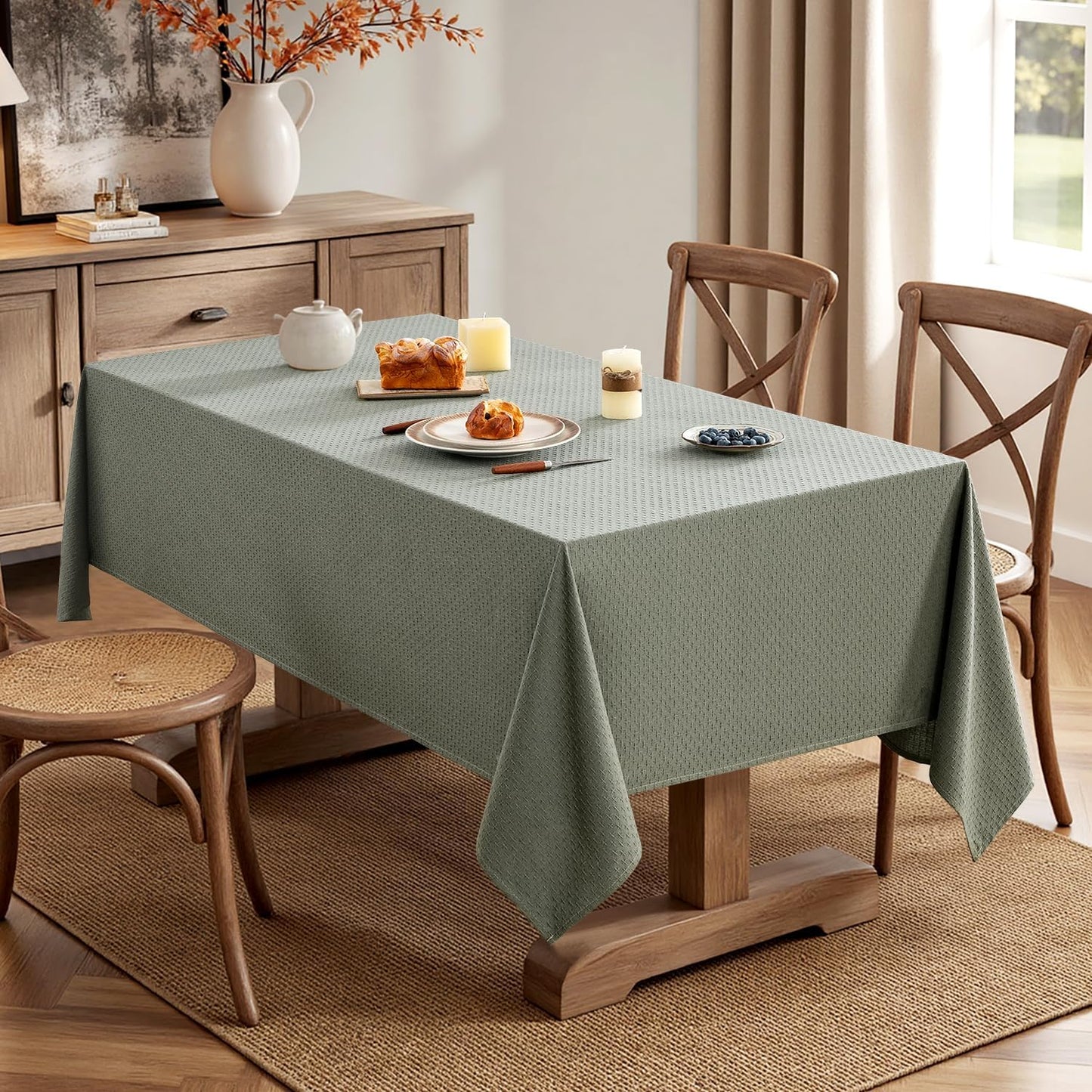 MIULEE Olive Green Linen Cottton Table Cloth Rectangle Tablecloth Waterproof Spillproof Cross-Star Textured Table Cltoth Decorative Farmhouse Style for Dining Party Weddings 52x70 Inch