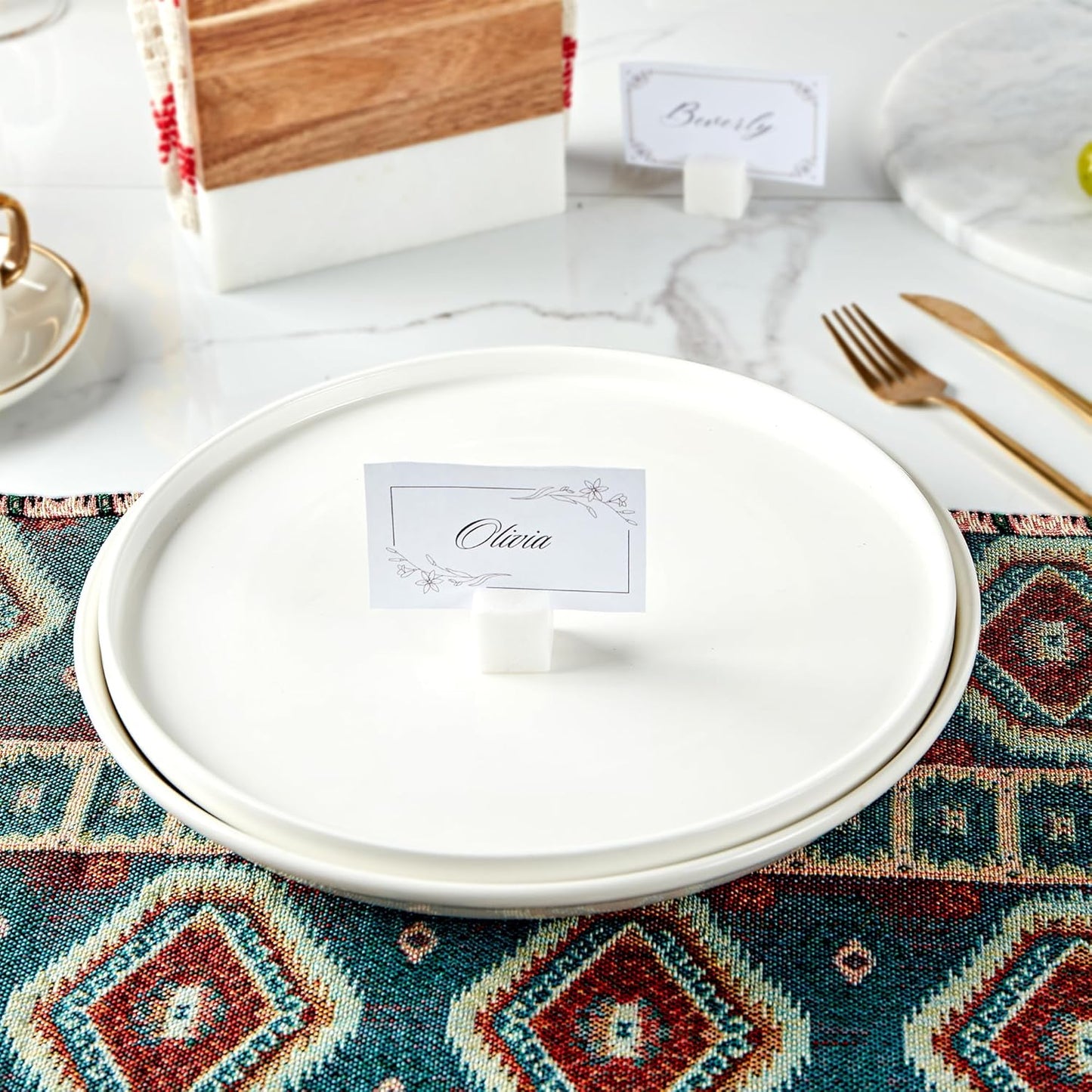 White Marble Cube Place Card Holders, Handmade Polished Card Stands, Simple and Elegant Sign Stand, Set of 4 Table Decor for Dinner Party, Wedding and Housewarming Present