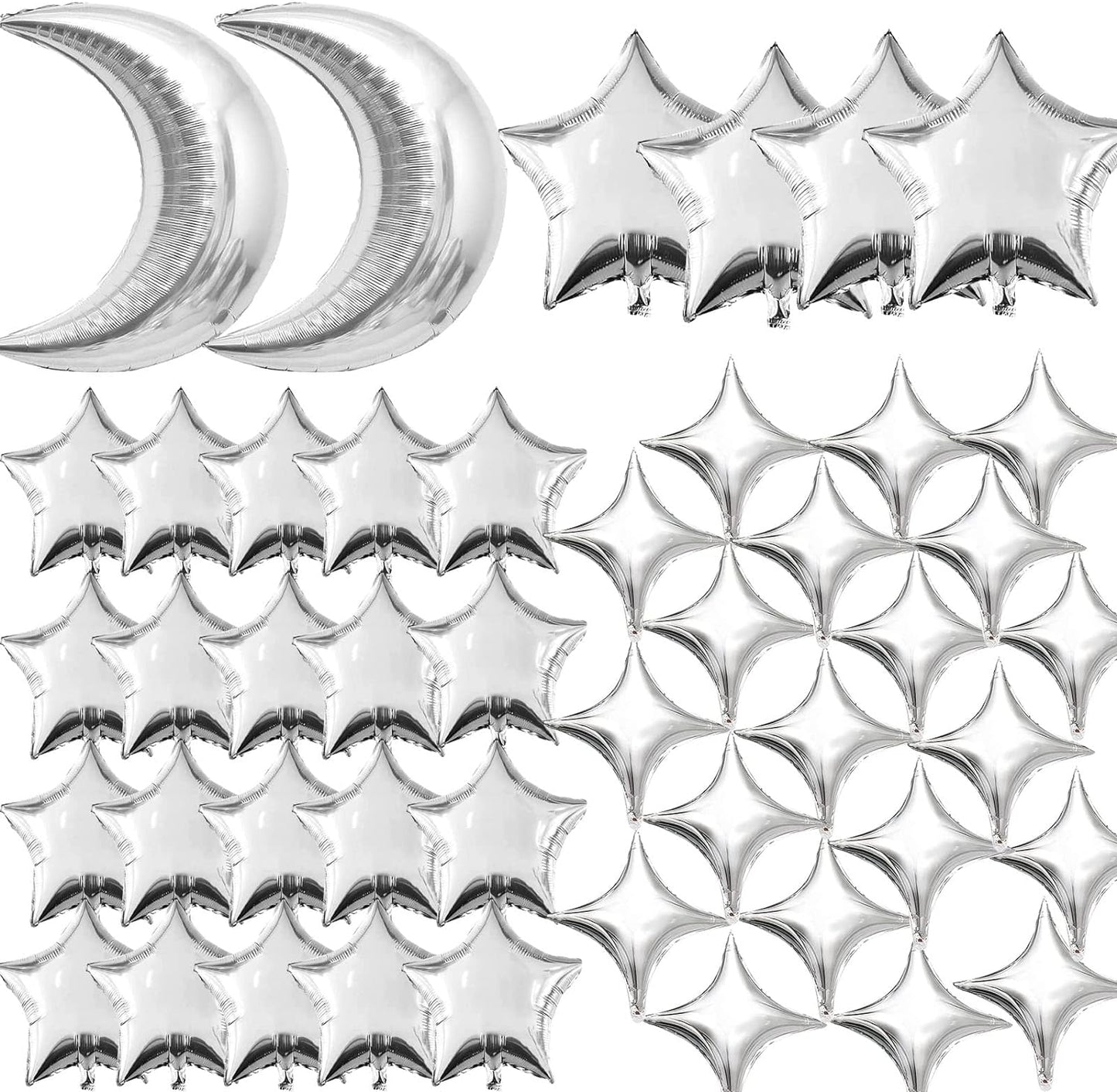 50pcs Silver Moon and Star Balloons,36"Moon Foil Balloons 18"10" Star Foil Balloons Four Pointed Star Balloon Mylar Balloon for Baby Shower Christmas Wedding Birthday Party