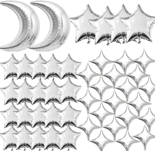 50pcs Silver Moon and Star Balloons,36"Moon Foil Balloons 18"10" Star Foil Balloons Four Pointed Star Balloon Mylar Balloon for Baby Shower Christmas Wedding Birthday Party