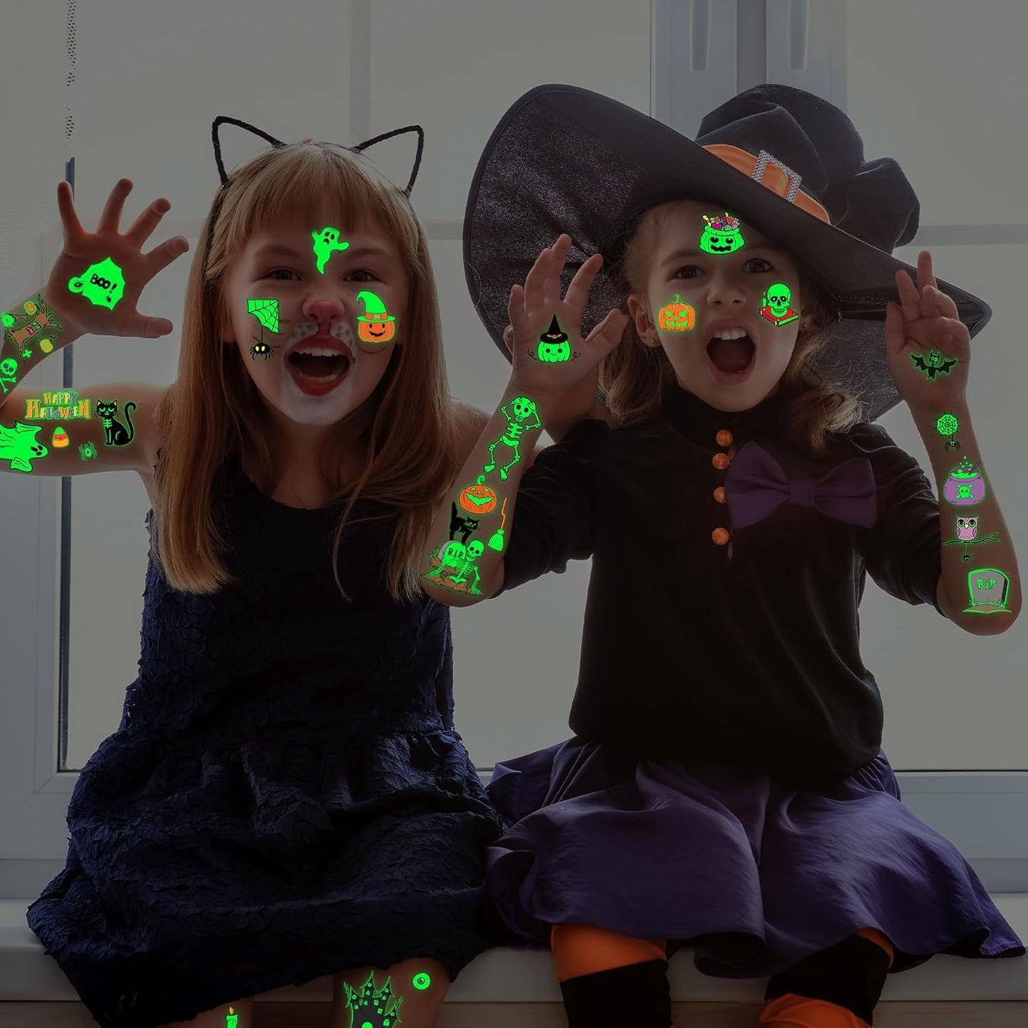 145 Styles Halloween Tattoos for Kids, 12PCS Halloween Luminous Tattoos, Glow in Dark Ghosts Pumpkin Fake Temporary Tattoos Stickers Bulk for Trick or Treat Party Decorations Accessories Supplies