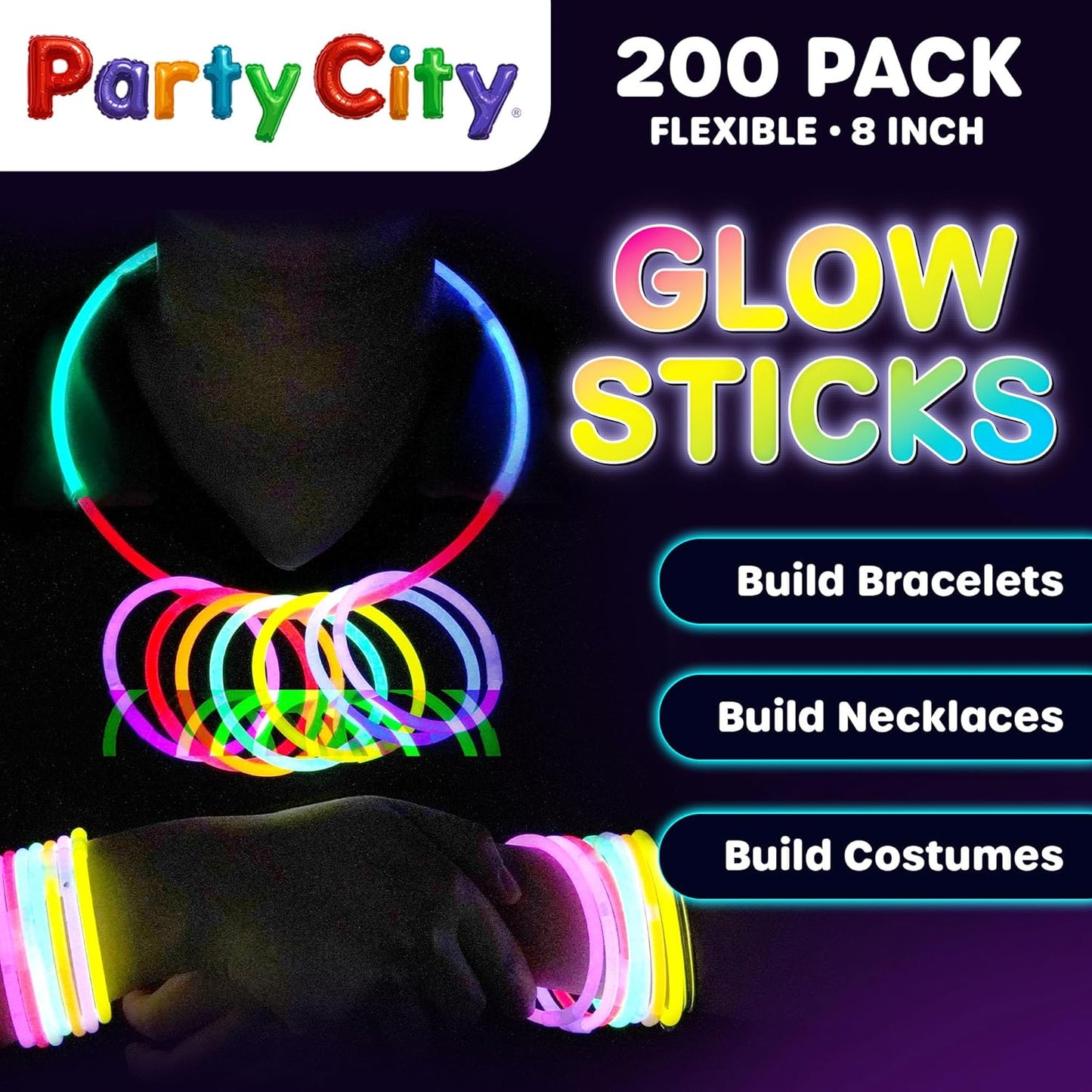 Party City 200 Glow Sticks Bulk Party Pack 8”– Neon Glow in the Dark Party Supplies, Glowsticks with Connectors Bracelets & Necklaces, Light Up Favors for Kids, Adults, Birthdays, Parties, Decorations