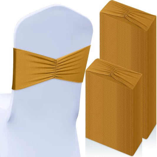 Moukeren 100 Pcs Spandex Chair Sashes Bows Bands Slider Sashes for Chair Covers Elastic Bands Ties Ribbon Decorations for Wedding Party Events Ceremony Birthday Banquet(Gold)