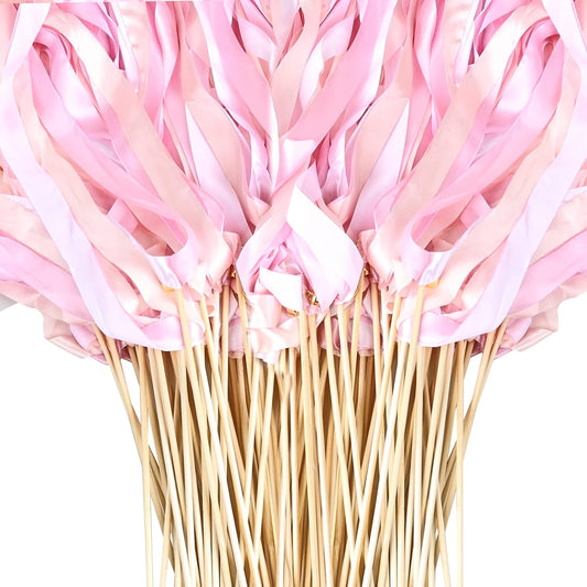 60 Pieces Wedding Colorful Ribbon with Bells, Party Ribbons Streamers Sticks Magic Wish Fairy Wand for Wedding Party Holiday Activities Favors (Pink-100)