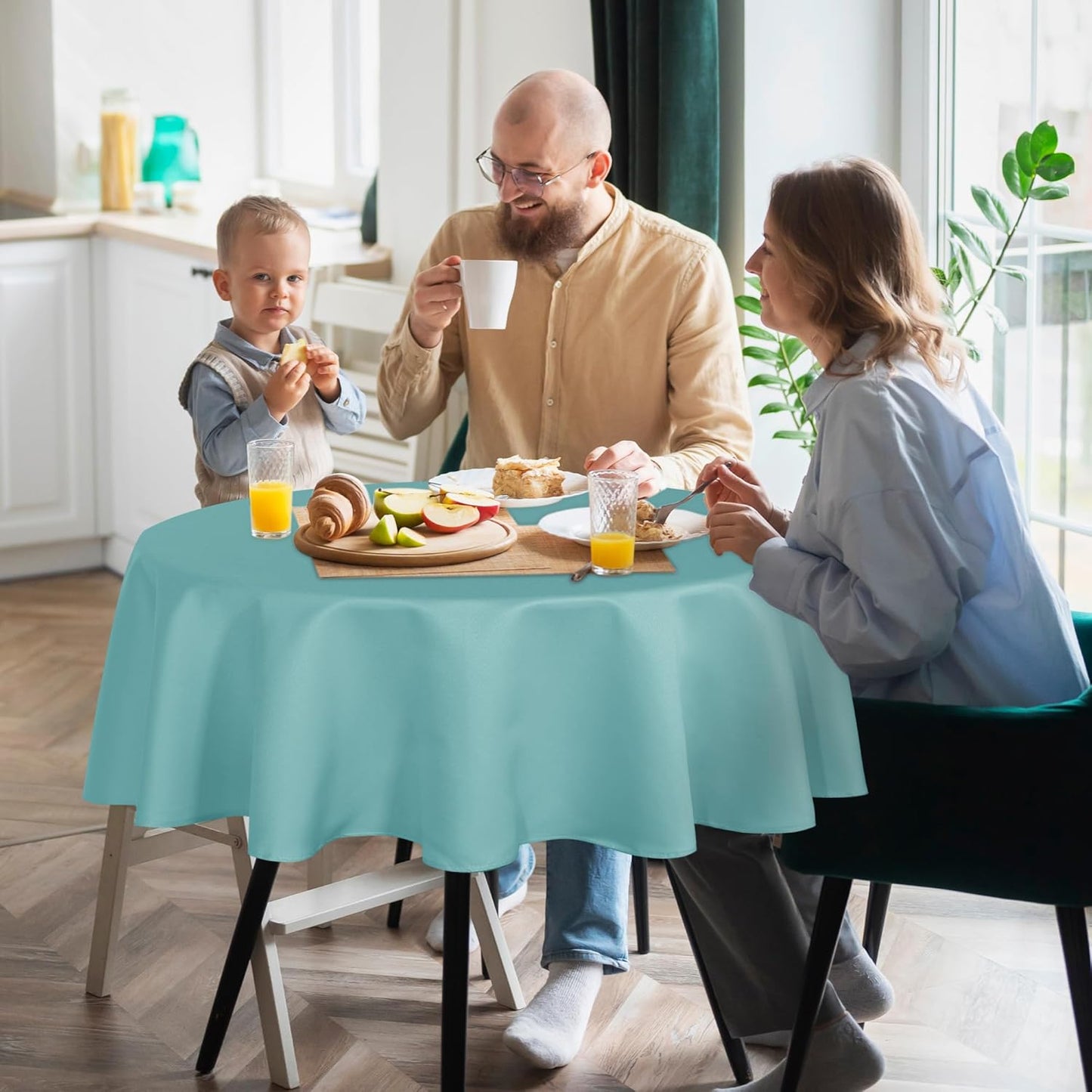 sancua Round Tablecloth - 60 Inch - Water Resistant Spill Proof Washable Polyester Table Cloth Decorative Fabric Table Cover for Dining Tables, Buffet Parties and Camping, Turquoise