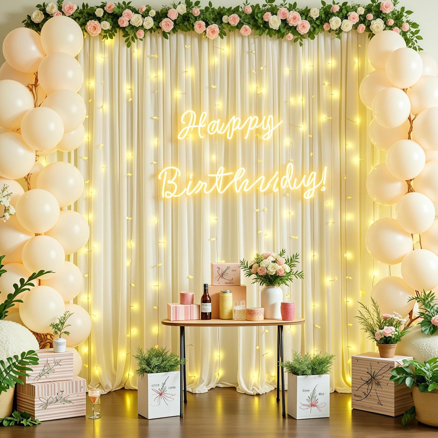 Beige Backdrop Curtains with Lights String for Parties,10x10FT Wrinkle Free Polyester Wedding Photo Backdrop Curtains for Baby Shower Birthday Ceremony Reception Home Party Decorations