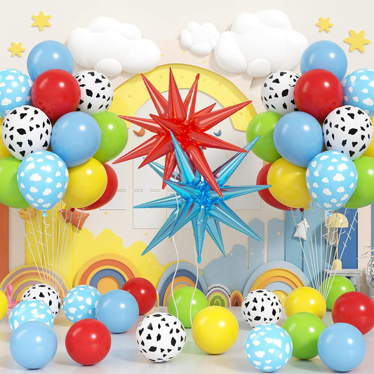 Red Blue Yellow Balloons, 12 Inch Cow Pattern Cloud Light Blue Yellow Red Fruit Green Balloons with Star Foil Balloon for Boys Girls Baby Shower Party Birthday Decorations