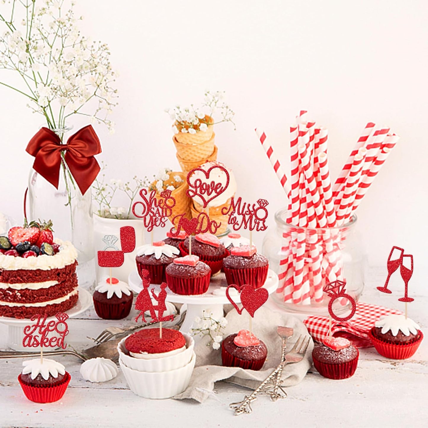 30 PCS He Asked She Said Yes Cupcake Toppers Glitter Engagement Cupcake Toppers Miss to Mrs I Do Love Heart Ring Miss to Mrs Cupcake Picks for Wedding Engagement Party Cake Decorations Supplies Red