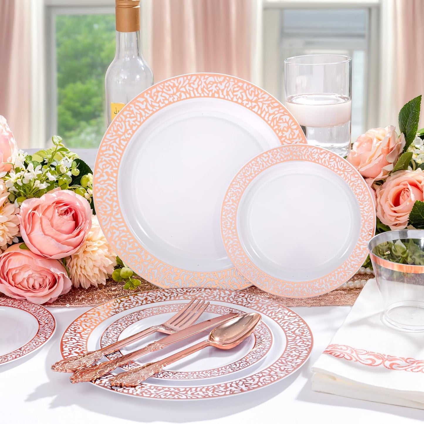 Festiva 350PCS Rose Gold Plastic Dinnerware Set - Disposable Lace Rose Gold Plates and Napkins Party Supplies - include plates,napkins,cups,silverware - Serve for 50 Guests Party&Wedding&Mother's Day