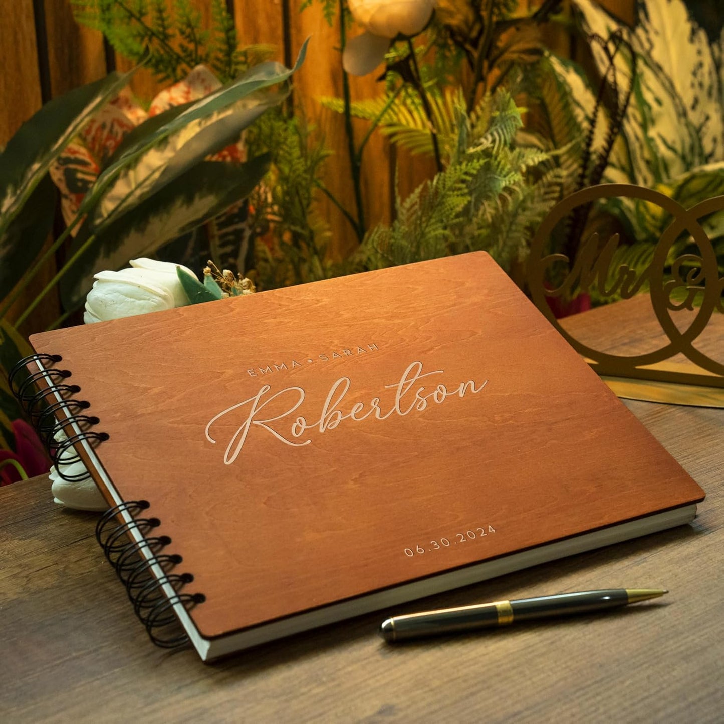 Personalized Wood Wedding Guest Book - 5 Colors/Finishings, 2 Sizes, 12 Designs - Wood Wedding Decorations, Guest Book Signs for Wedding Reception (DESIGN 8)