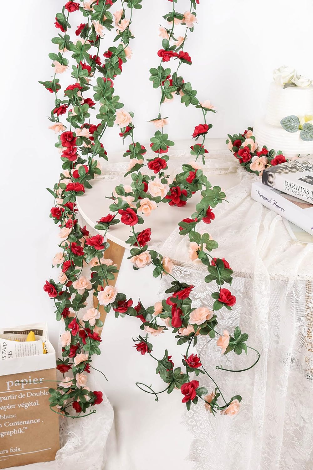 Miracliy 5 Pack 47 FT Fake Rose Vine Flowers Plants Artificial Flower Hanging Rose Ivy Home Hotel Office Wedding Party Garden Craft Art Déco