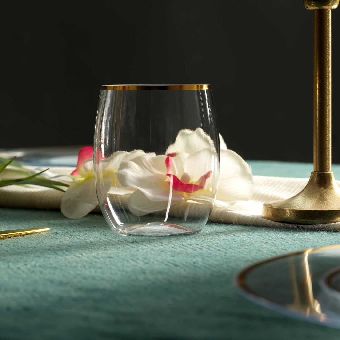 Munfix 48 Pack Plastic Stemless Wine Glasses with Gold Rim, Disposable 12 Oz Clear Plastic Wine Cups Shatterproof Recyclable and BPA-Free