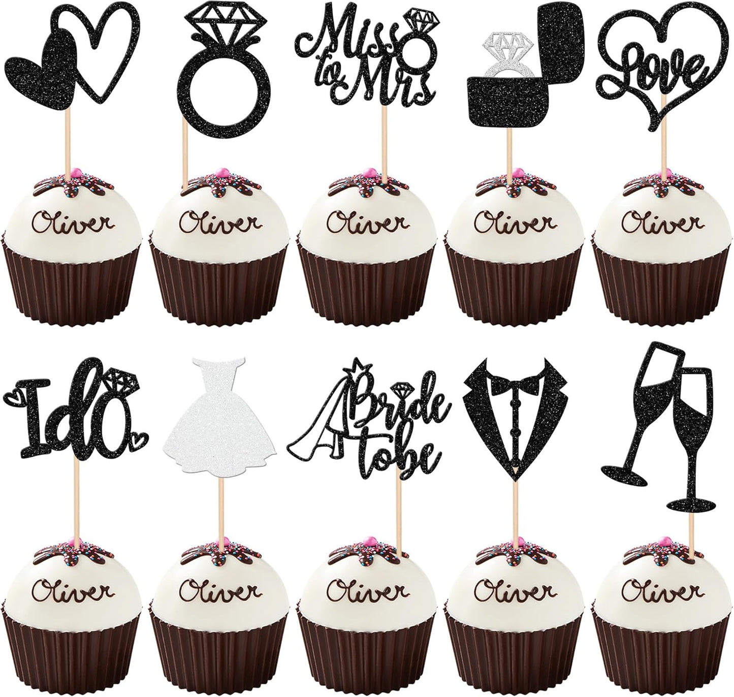 30 PCS Bride to Be Cupcake Toppers Glitter Miss to Mrs I Do Love Heart Ring Cupcake Picks Wedding Bridal Shower Cake Decorations for Wedding Engagement Bachelorette Party Supplies Black