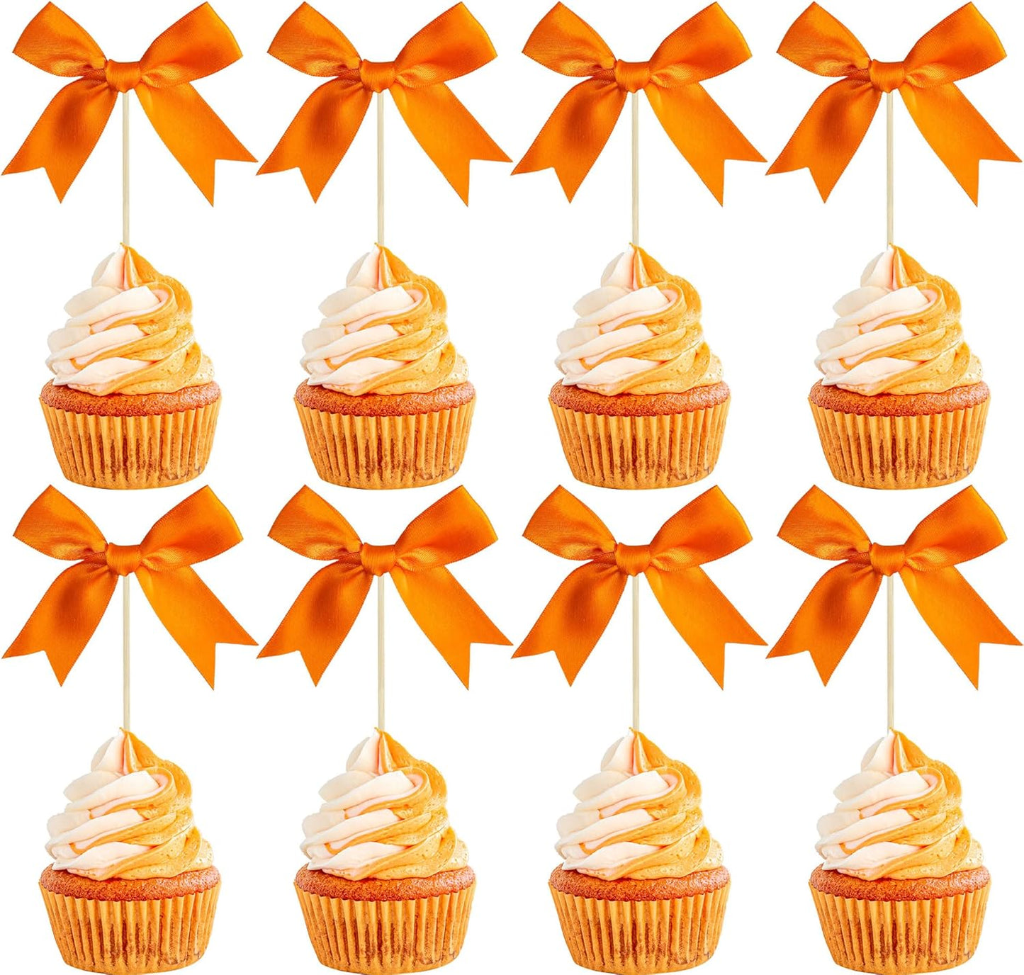 Gyufise 24Pcs Bow Cupcake Toppers Coquette Bow Girls Birthday Cake Decorations Bowknot Cake Toppers Bowknot Cupcake Picks for Baby Shower Birthday Wedding Bridal Engagement Party Supplies Orange