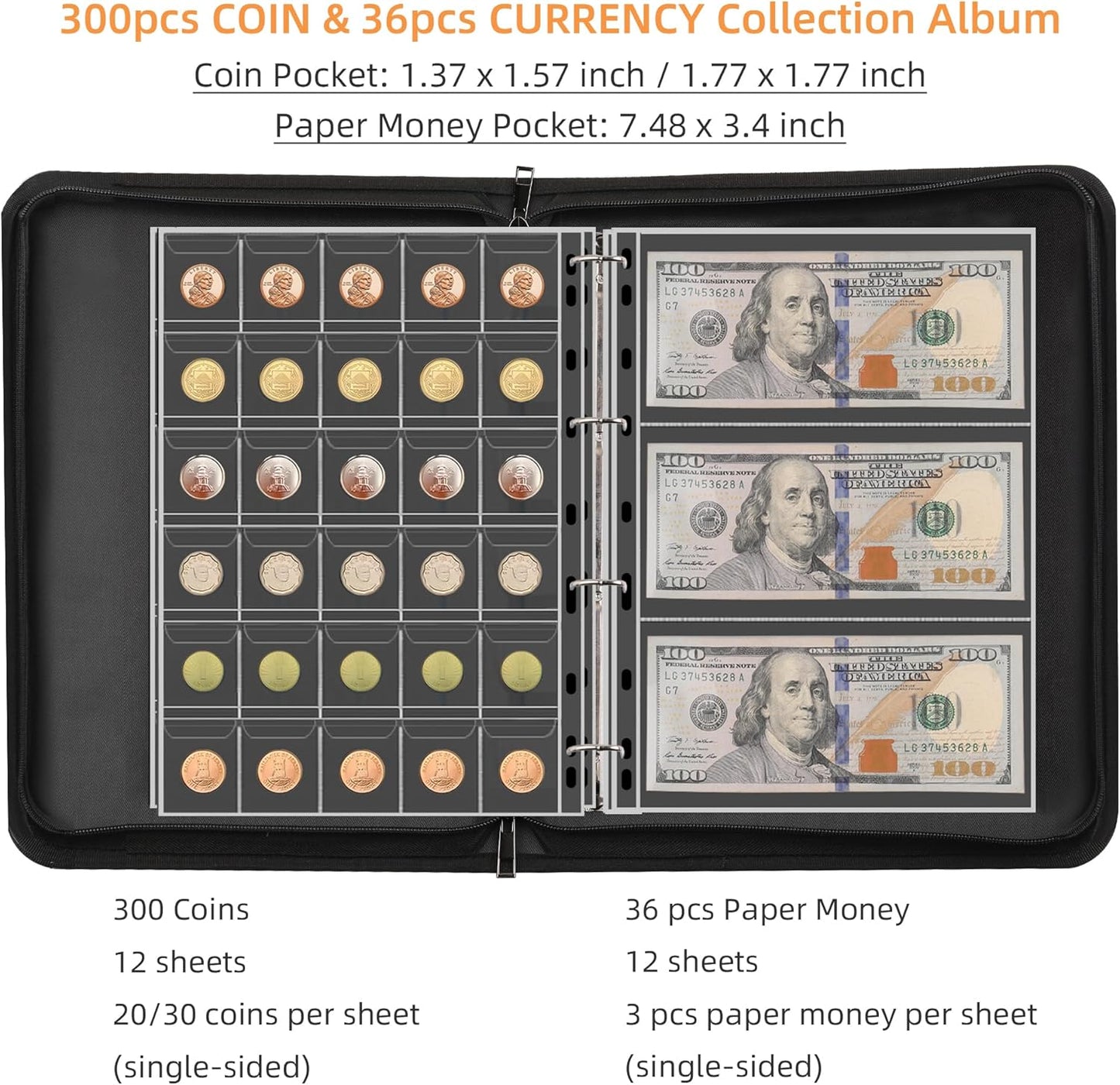 Fireproof Coin Collection Album for Collectors, 300 Pockets Coins Collecting Album & 36 Sleeves Money Storage Case for Coin Currency Collection Supplies, Bill, Pennies, Quarters, Stamp,F65C001B
