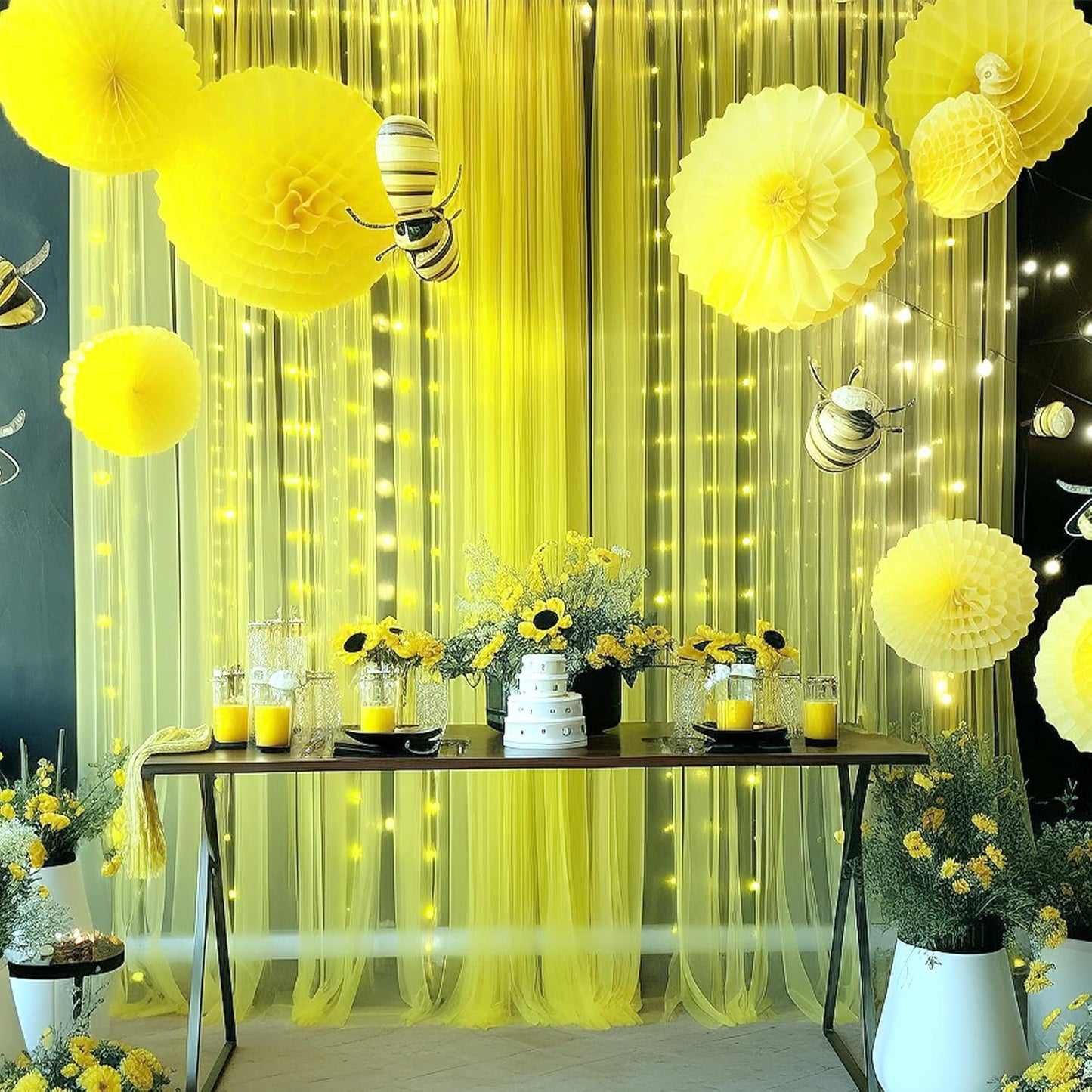 Yellow Tulle Backdrop Curtains with Lights String for Birthday Party Photoshoot 10ft × 8ft Sheer Backdrop Curtains for Baby Shower Wedding Background Decorations 2 Panels 5×8ft