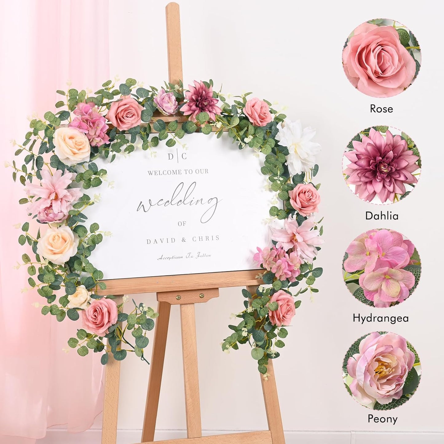 Waipfaru Artificial Flower Garland with Lights, 6.07Ft Lighted Eucalyptus Greenery Garland, Pink Rose Floral Vines for Wedding Table Runner Centerpieces Backdrop Decor