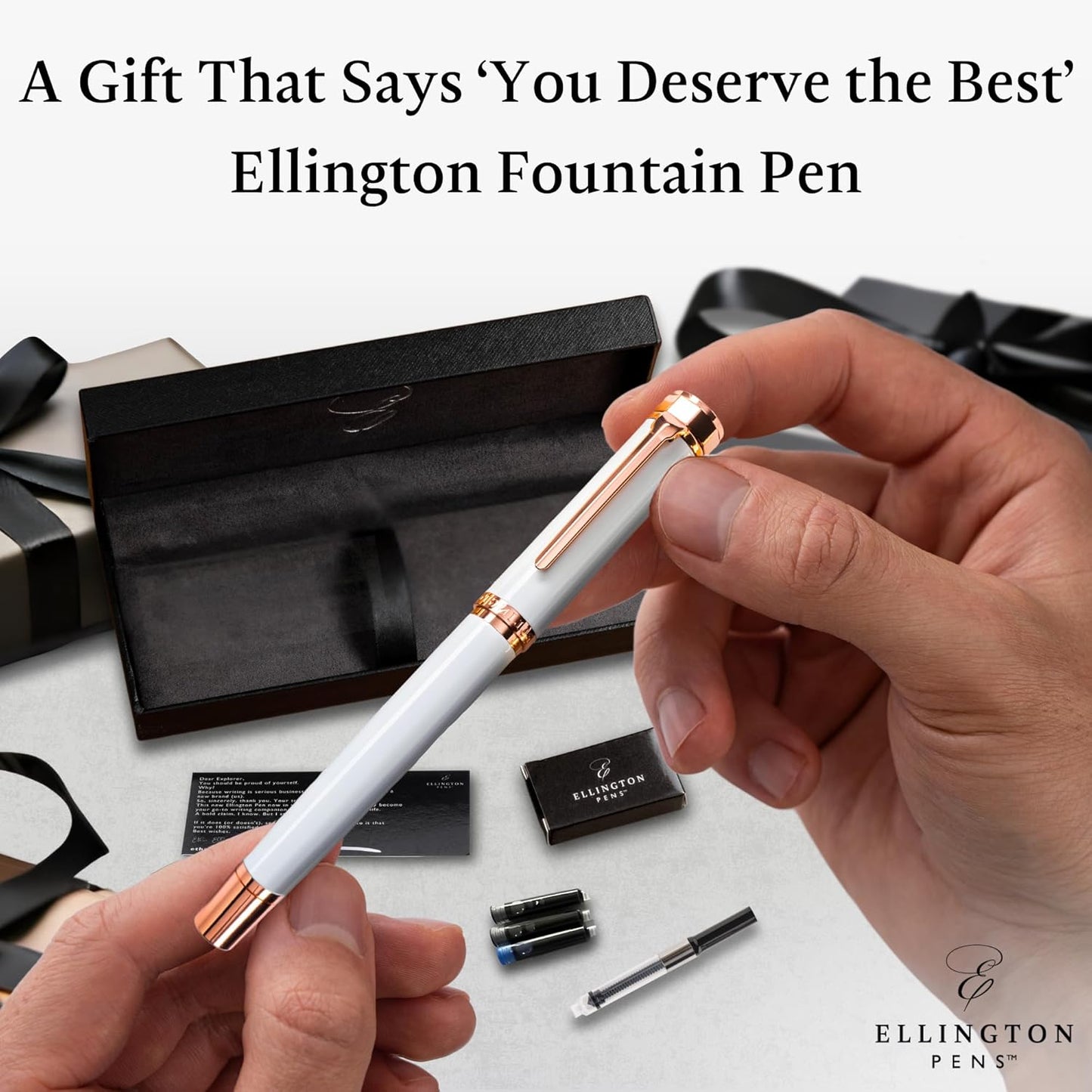 Ellington Pens Luxury Fountain Pen Set- Fountain Pens for Writing - Smooth Fine Nib - Includes Refillable Ink Converter, 3 Ink Cartridges [Black & Blue], Gift Box - Elegant Calligraphy