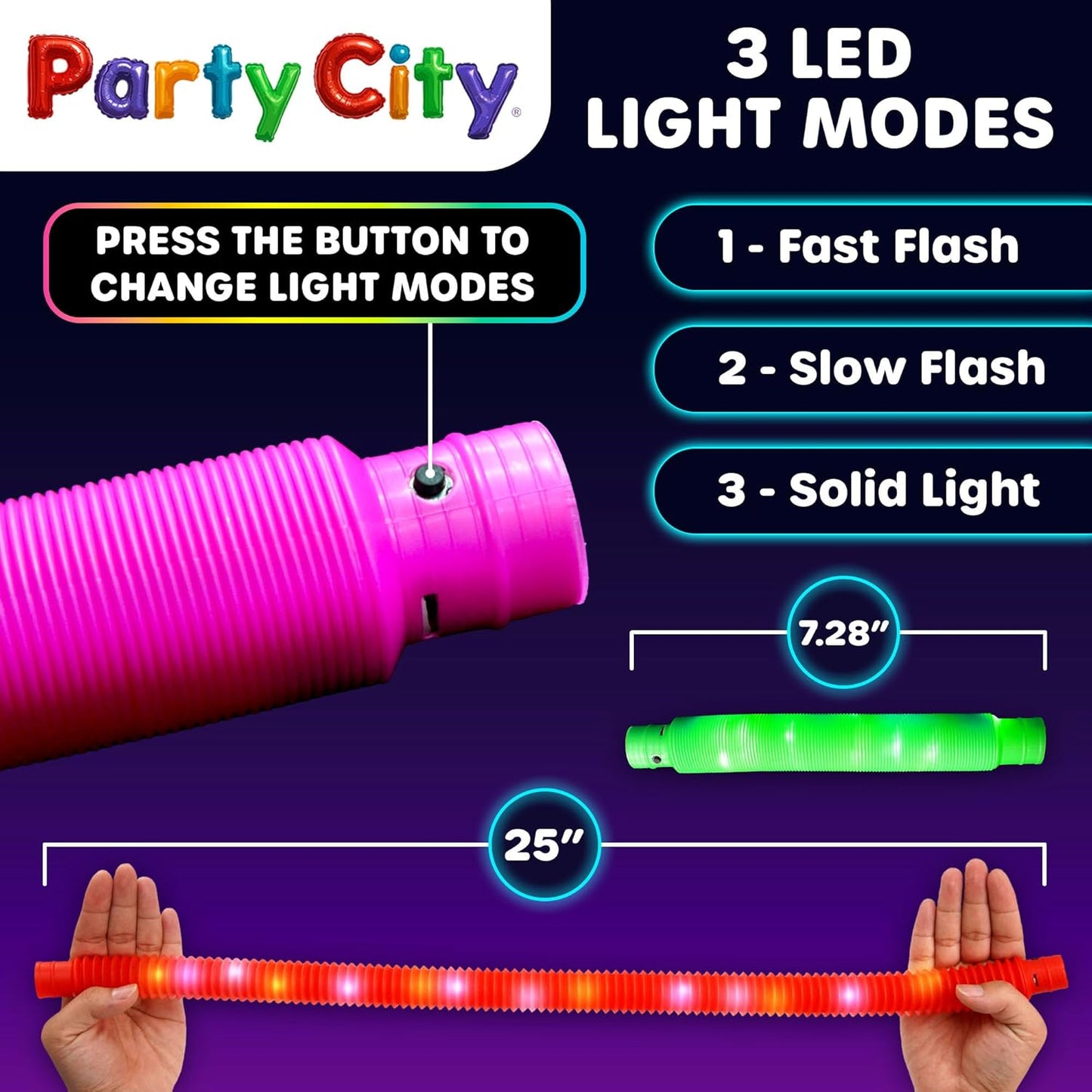 Party City 6pk LED Light Up Pop Tubes 25”- 3 Mode Stretchy Tubes LED Light Up Toys Bulk Glow Sticks Party Favors for Kids Necklaces Bracelets Neon Glow in the Dark Supplies Fidget Sensory Tube Pack