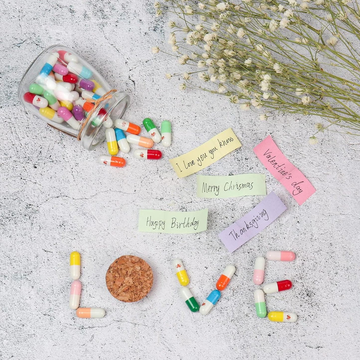 Capsule Letters Message in a Glass Bottle for Valentine's Day, Birthday,Thanksgiving, Christmas,Long Distance Relationship Gift for Boyfriend,Girlfriend. (Heart with wings 60PCS)