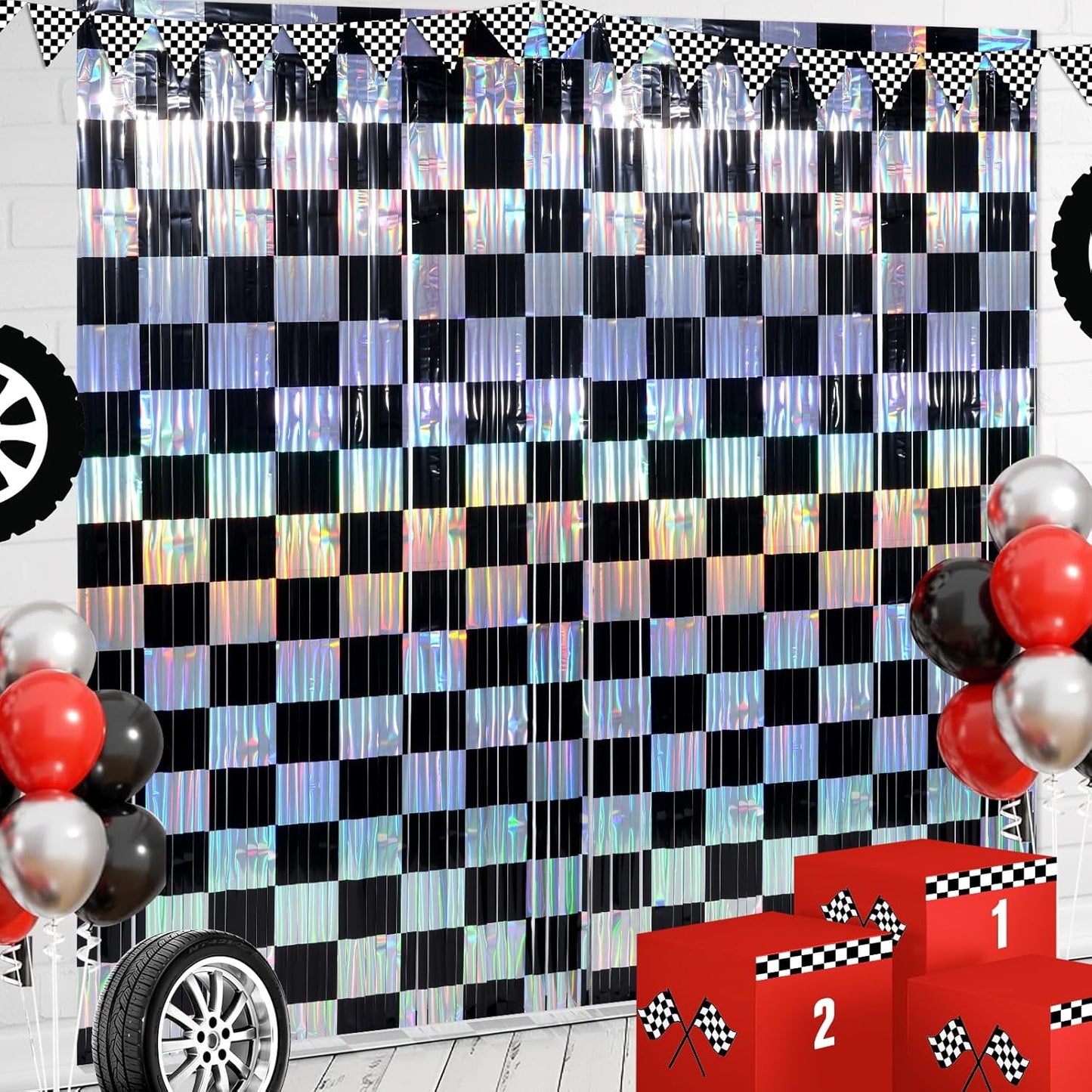 2 Pack 3.3Ft x 6.6Ft Race Car Checkered Foil Fringe Curtain Backdrop Decorations, Black Iridescent Metallic Tinsel Foil Streamers Curtain Photo Booth for Race Car One Happy Dude Birthday Party Decor