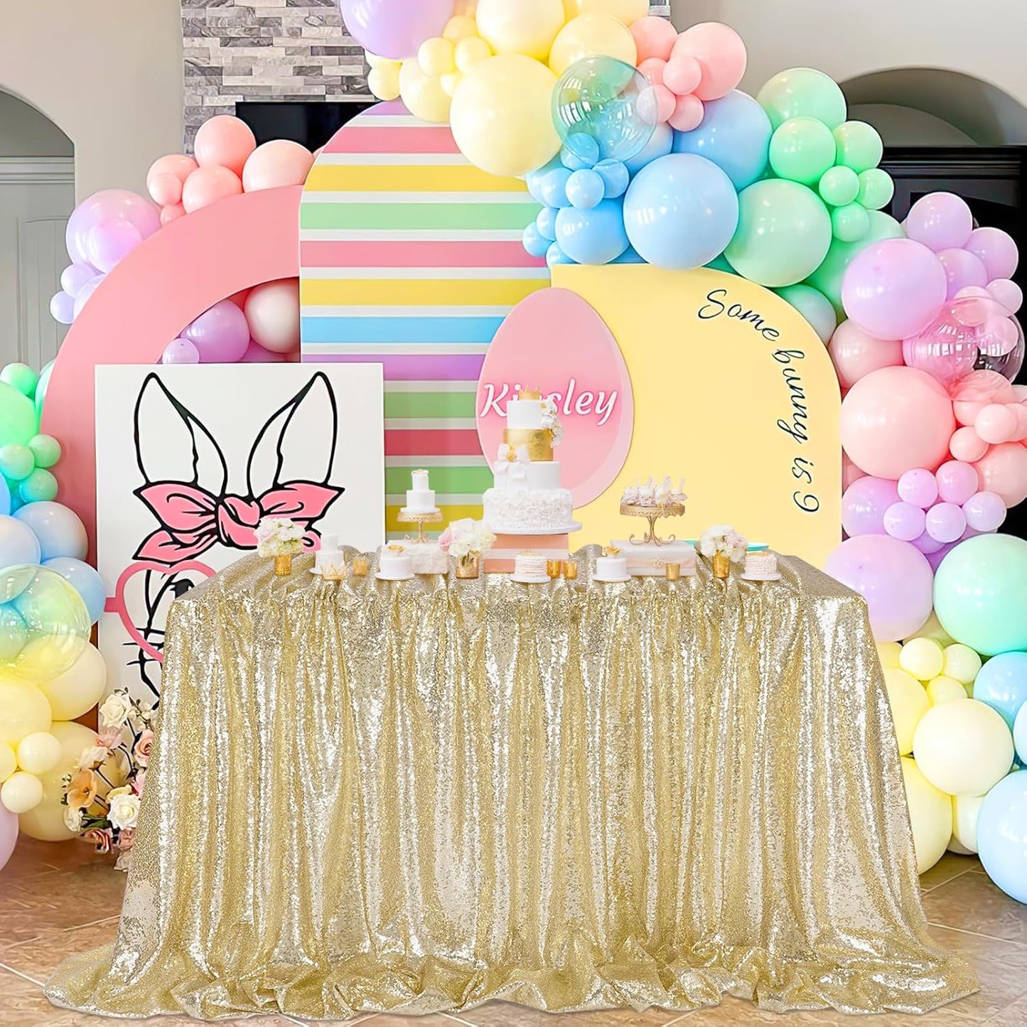 QueenDream Light Gold Party Decorations Sequin Tablecloth: Glitter Overlay 90x90 Inch Table Drapes for Banquet Wedding Theme Party Planners